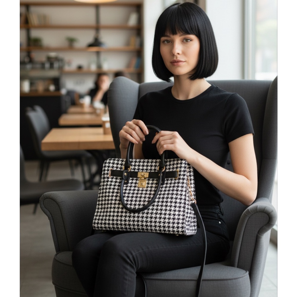 Elegant Black and White Houndstooth Handbag